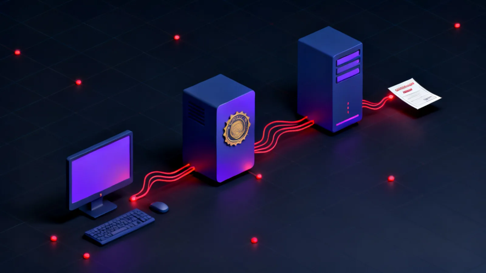 An isometric workstation on the left joined by glowing red lines to a certificate authority server bearing a seal and a domain controller, with a small certificate document travelling back along the line toward the