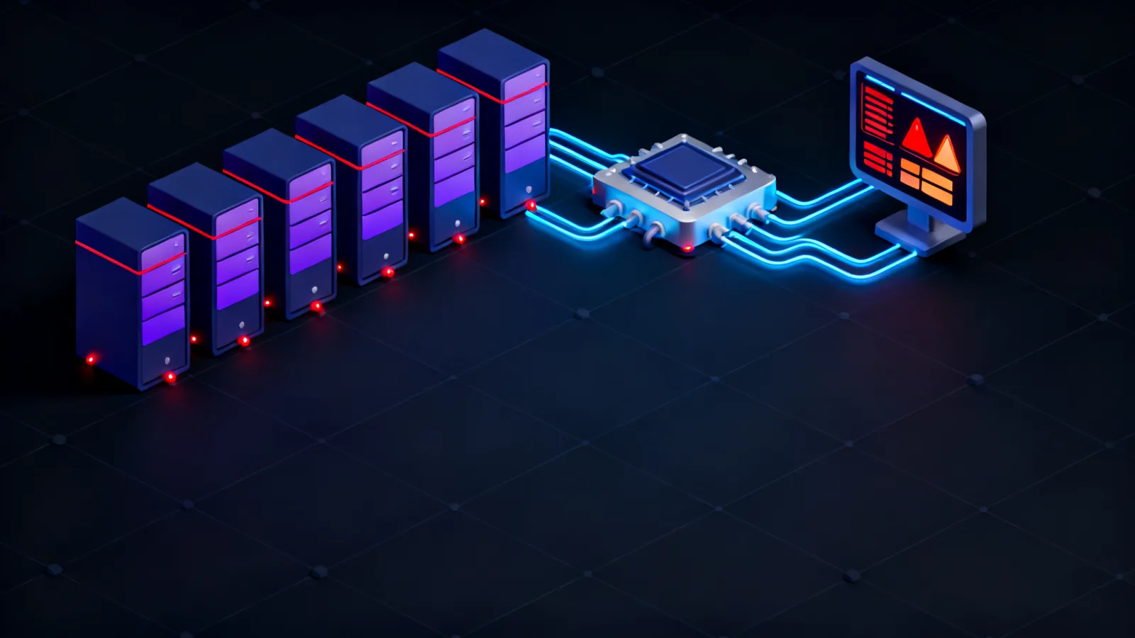 A left-to-right sequence of isometric server nodes connected by glowing data-flow lines, with a monitoring panel on the right displaying alert indicators in red and orange against a dark background.