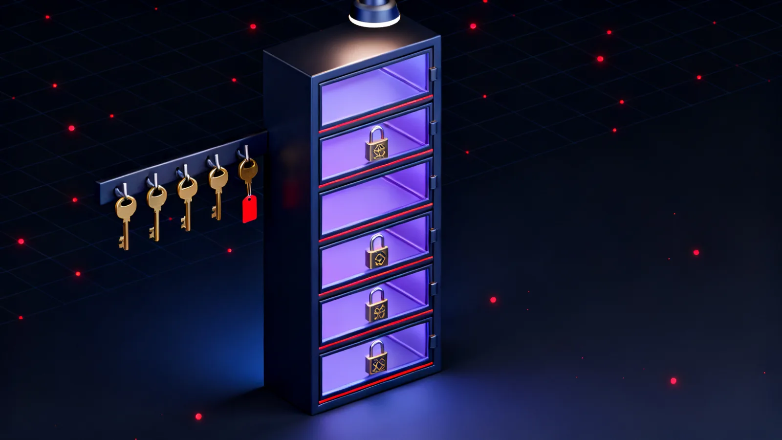 A tall dark steel cabinet with five stacked glass-fronted compartments, each closed with a different padlock, and five brass keys hanging on hooks beside it, one of them carrying a red tag.
