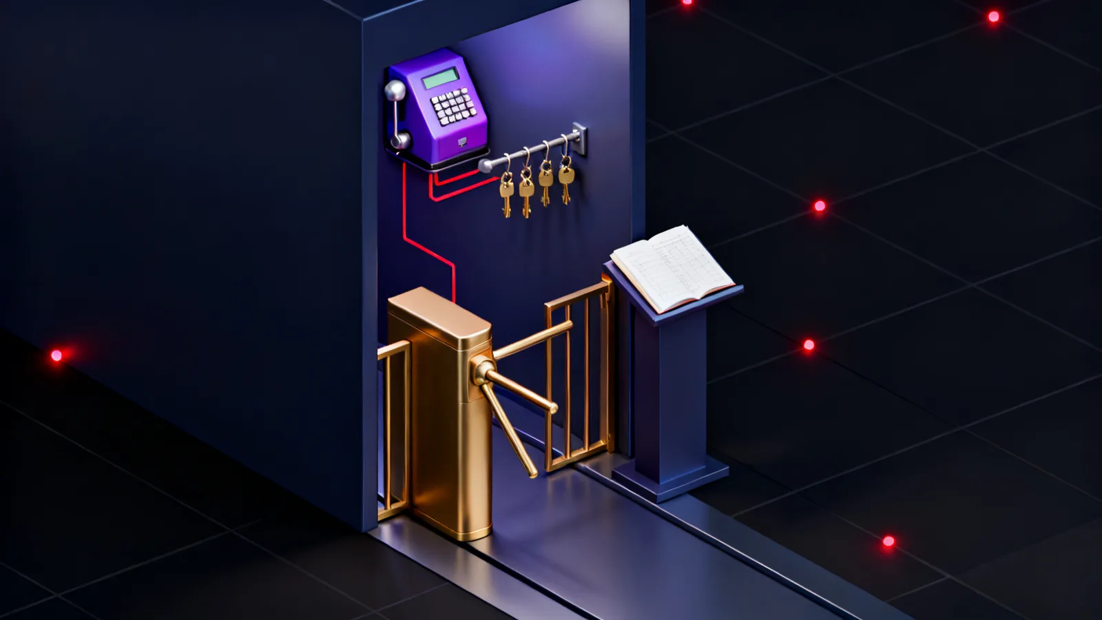 A brass turnstile gate in a steel corridor with a mechanical counter mounted above it, a row of small brass keys hanging on hooks beside the gate, and a paper ledger lying open on a lectern recording each pass.