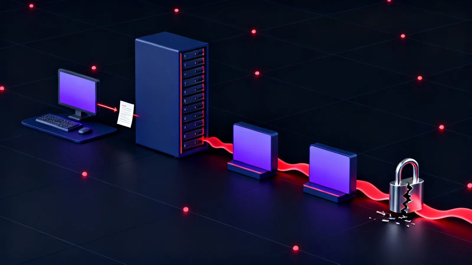 A row of glowing isometric objects on a dark grid: a workstation, a tall domain controller rack, and a metal padlock splitting open, joined left to right by red flow lines.