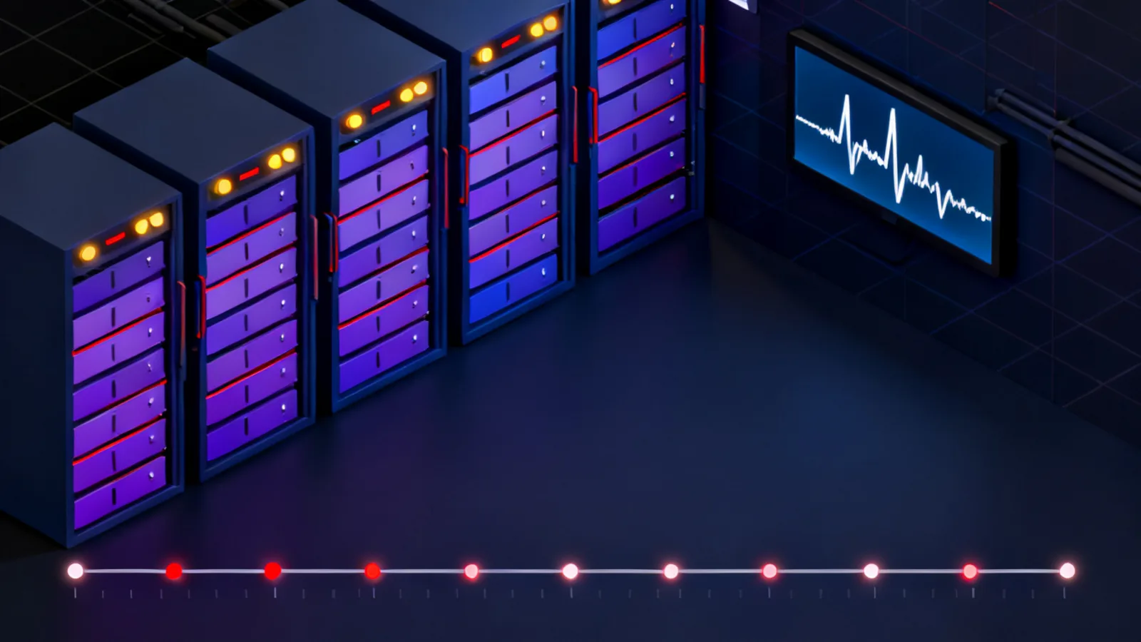 A dark isometric server room with amber alert indicators lit on several rack units, a wall-mounted monitoring screen showing a spike in event volume