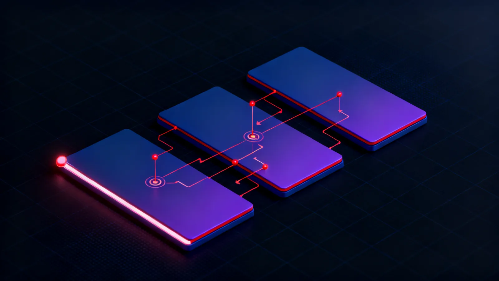 A network topology diagram viewed from above, showing three connected rectangular zones with directed paths between them and a highlighted entry-point node at the boundary of the first zone.