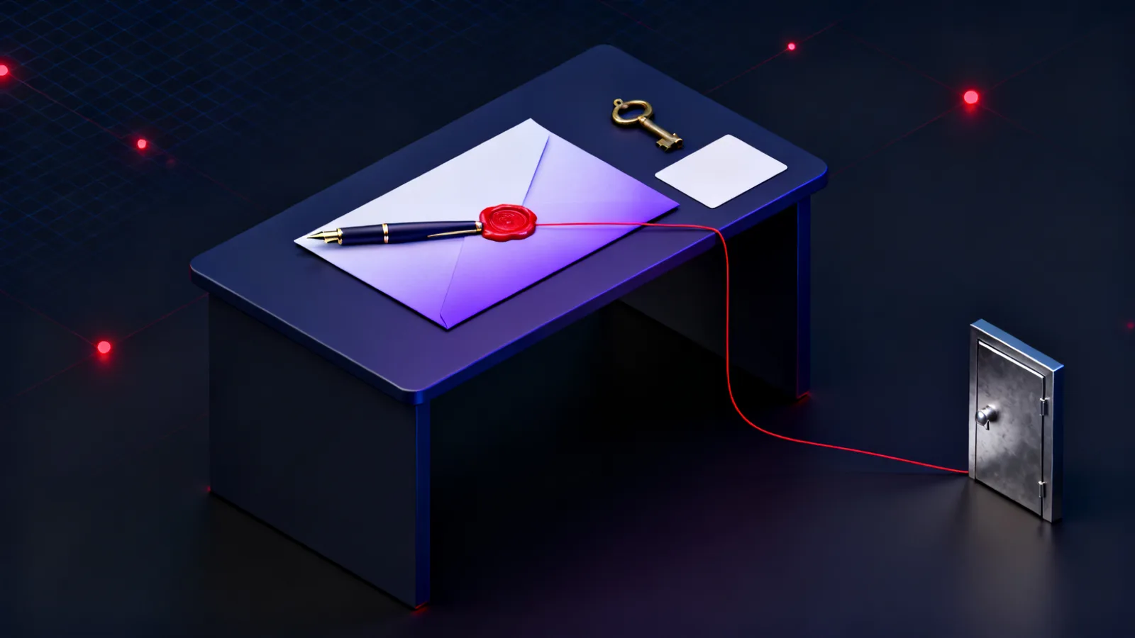 A folded letter under a red wax seal on a dark desk, a fountain pen laid across it, a brass key and a blank access card beside it, and a red thread running from the seal to a small steel door standing at the desk's edge.