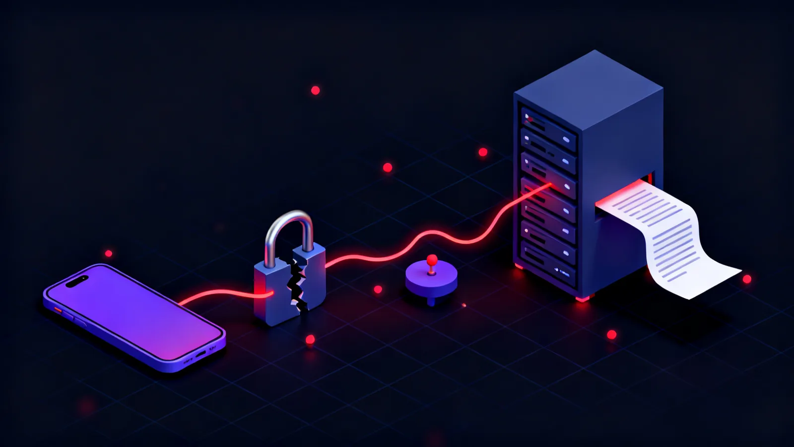An isometric row of red-lit objects: a smartphone with a broken padlock over its screen, a glowing line running to a server rack, and a document sliding out of the server back toward the phone.