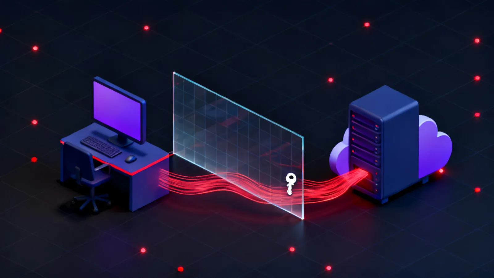 A row of isometric objects: a workstation with a glowing key emerging from a disk drive on the left, a glass network boundary wall in the centre, and a cloud server on the right, connected by red flow lines.