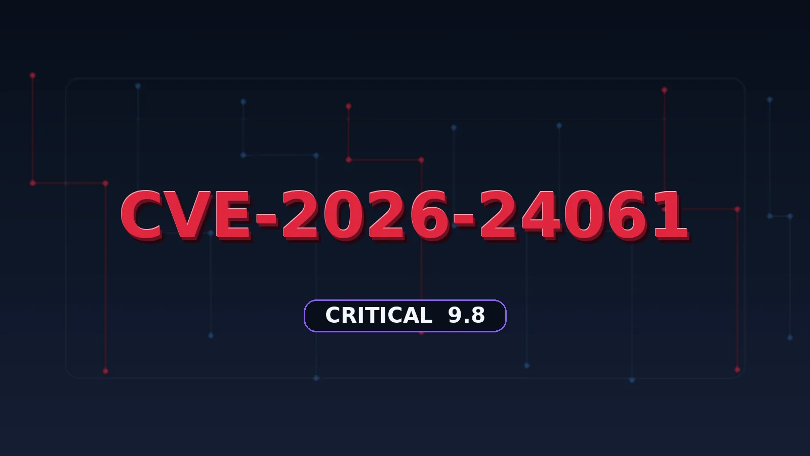 A dark RedTeam Security banner with CVE-2026-24061 in large crimson text, a critical 9.8 badge, fine network traces and a restrained terminal frame.