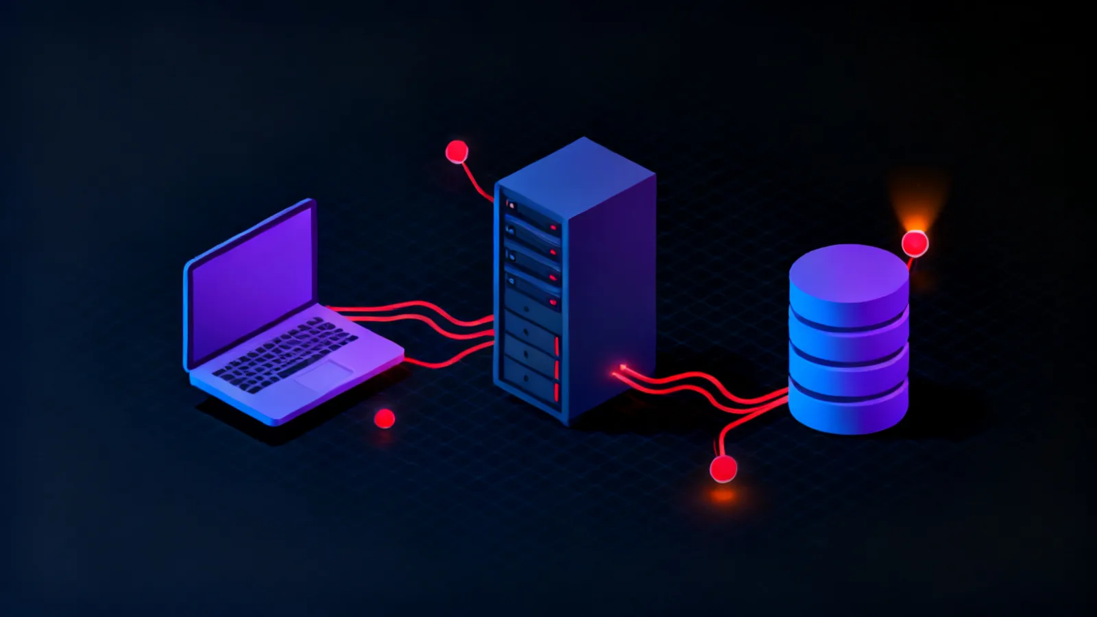 A row of isometric workstations and server racks connected by glowing red flow lines, with two nodes emitting a faint orange alert glow as traffic moves between them against a dark background.