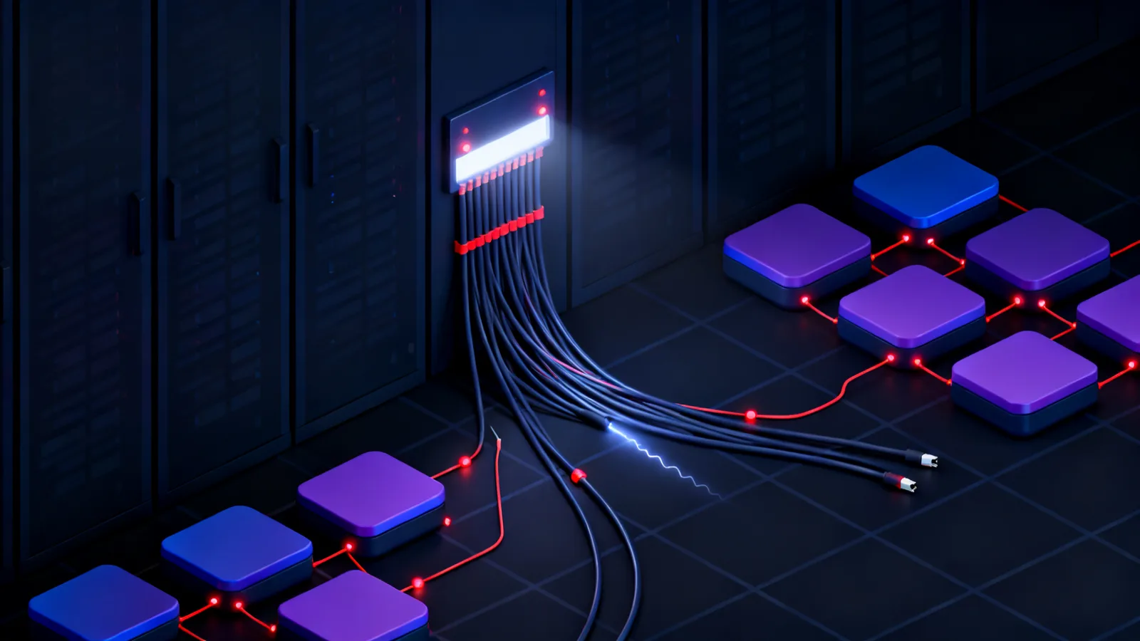 A dense bundle of cables converging on a single lit junction panel, with several strands ending in darkness before they reach it.