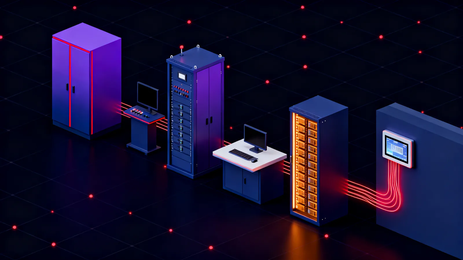 Isometric row of an industrial control cabinet, an engineering workstation, a PLC rack and an HMI panel connected by red flow lines, with the PLC rack highlighted amber to mark the altered device