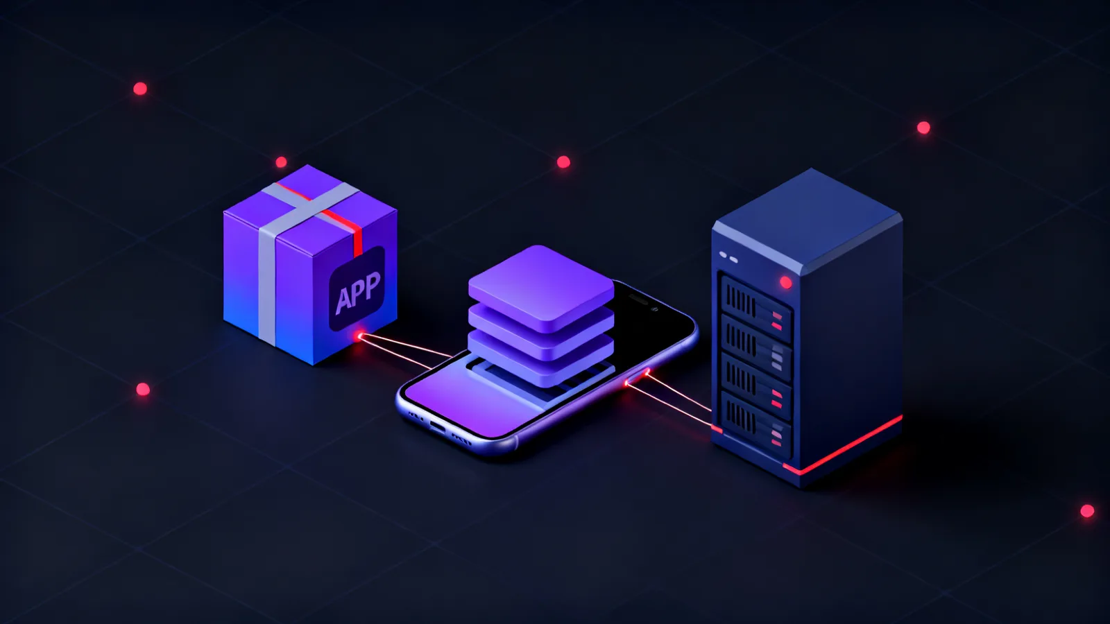 An isometric workbench on a dark ground holding three connected objects: a sealed app package on the left, a phone in the centre opened to show storage layers, and a server block on the right, joined by thin glowing