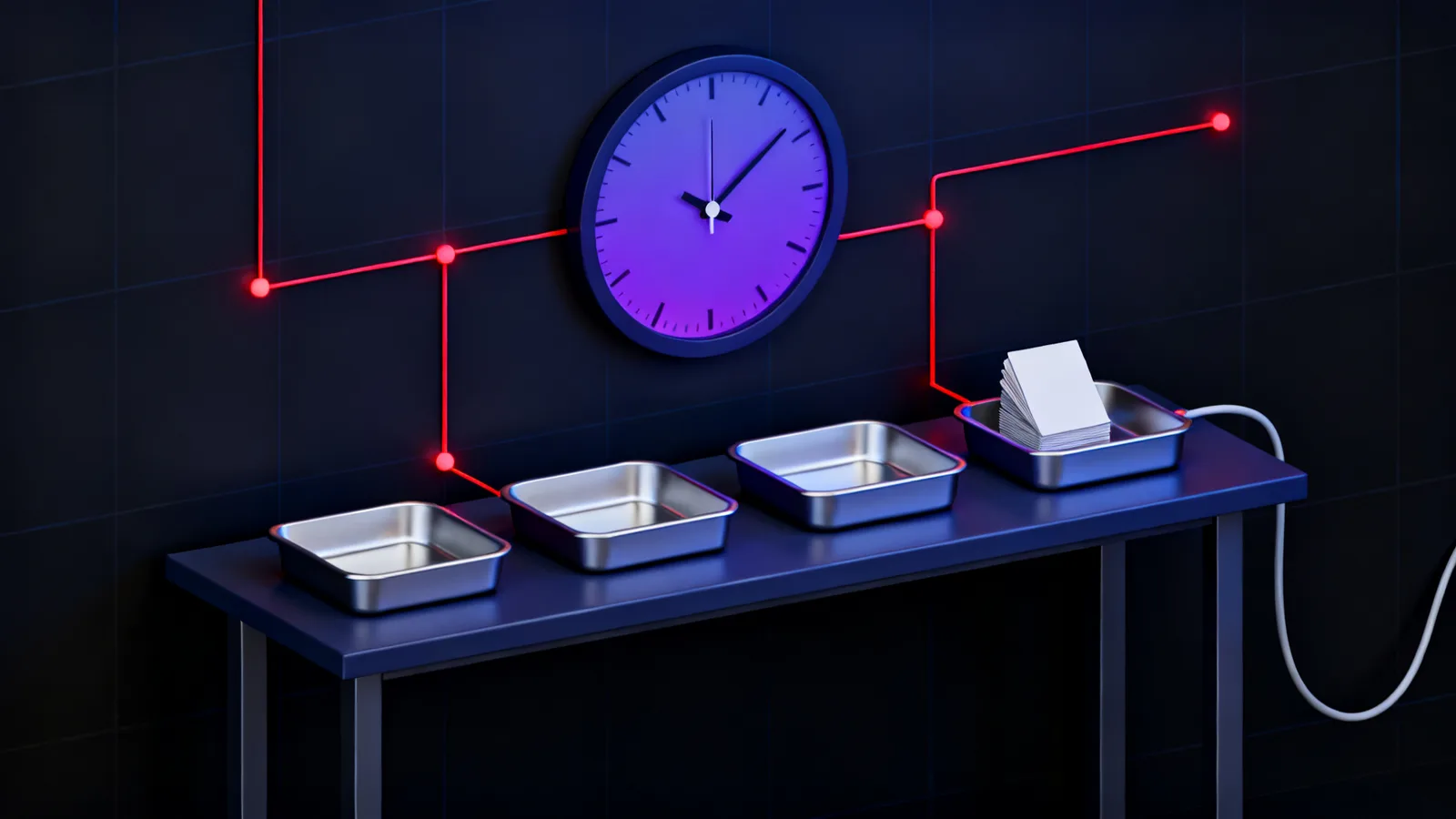 A long workbench under a round wall clock, holding four steel trays in a row, with a single cable looping from the last tray back to the first and a stack of plain cards in the nearest tray.