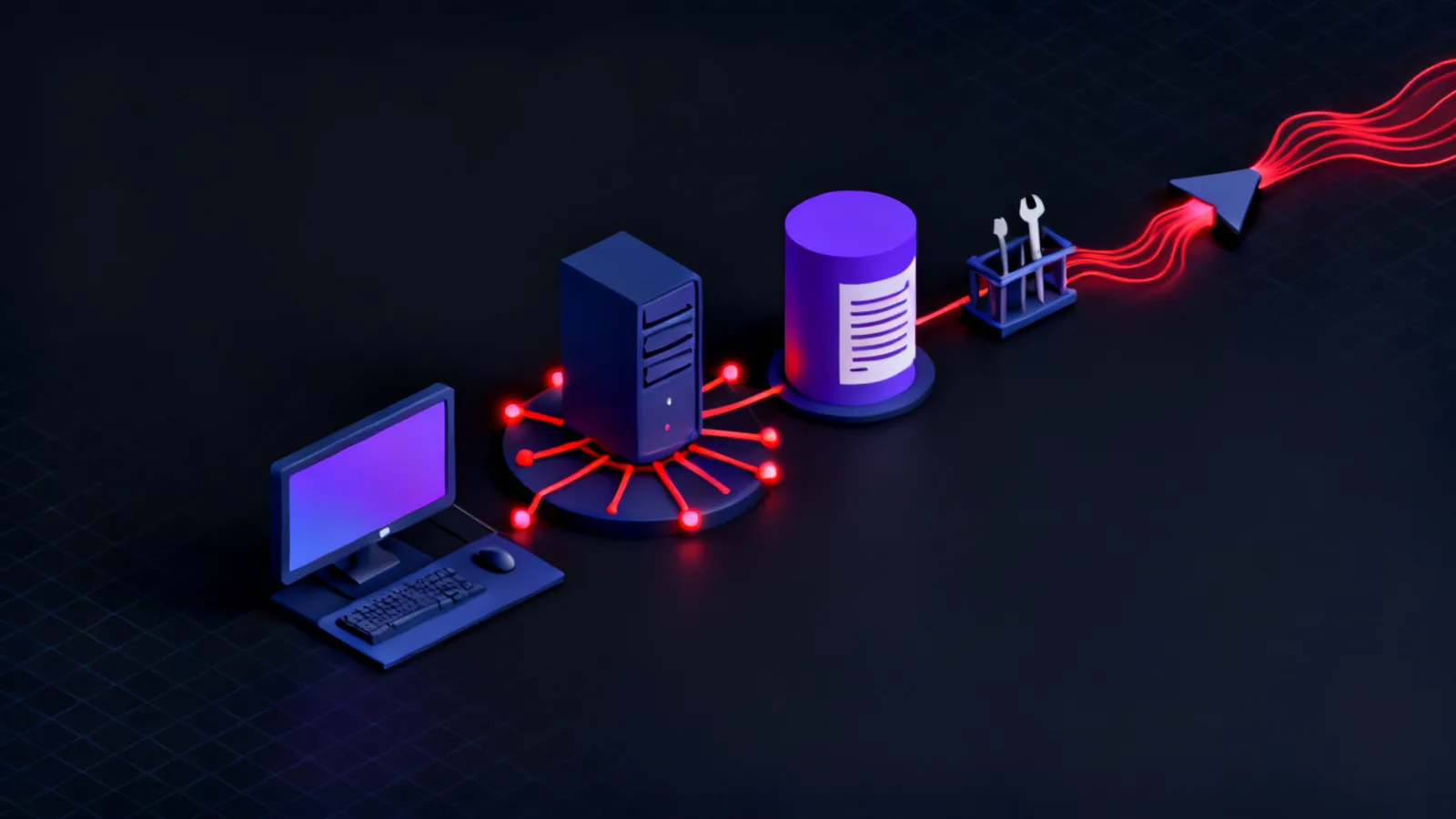 An isometric row of server nodes connected by glowing red flow lines, with one central node branching outward to a document database, a tool rack and an output channel, showing the components of an LLM system.