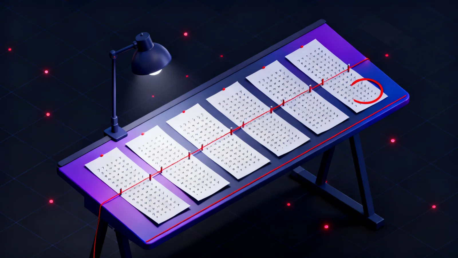 A long drafting table under a single desk lamp holding six sheets of paper laid side by side, red thread pinned between matching rows across the sheets, and one row on the last sheet circled with nothing pinned to it.
