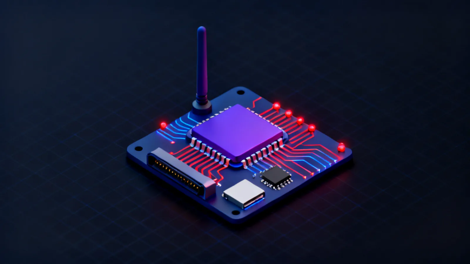 An isometric embedded circuit board viewed from above, with distinct chip packages, a radio antenna element and a debug port connector, all interconnected by glowing trace lines on a dark grid background.