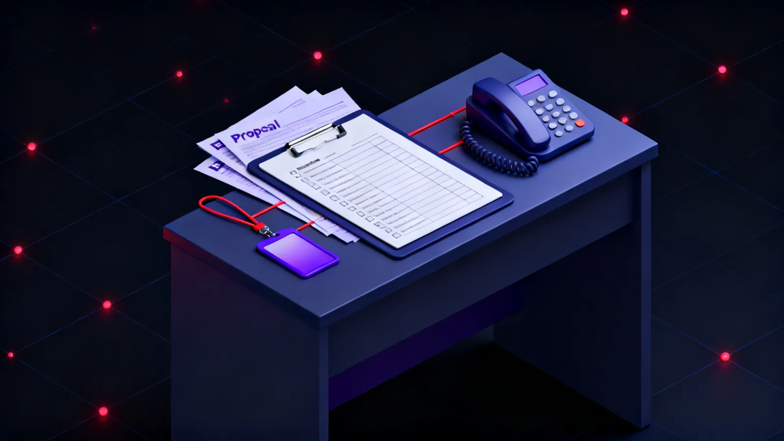 An isometric desk surface with overlapping proposal documents, a printed rules of engagement checklist, a visitor badge card and a telephone handset arranged around a central clipboard.