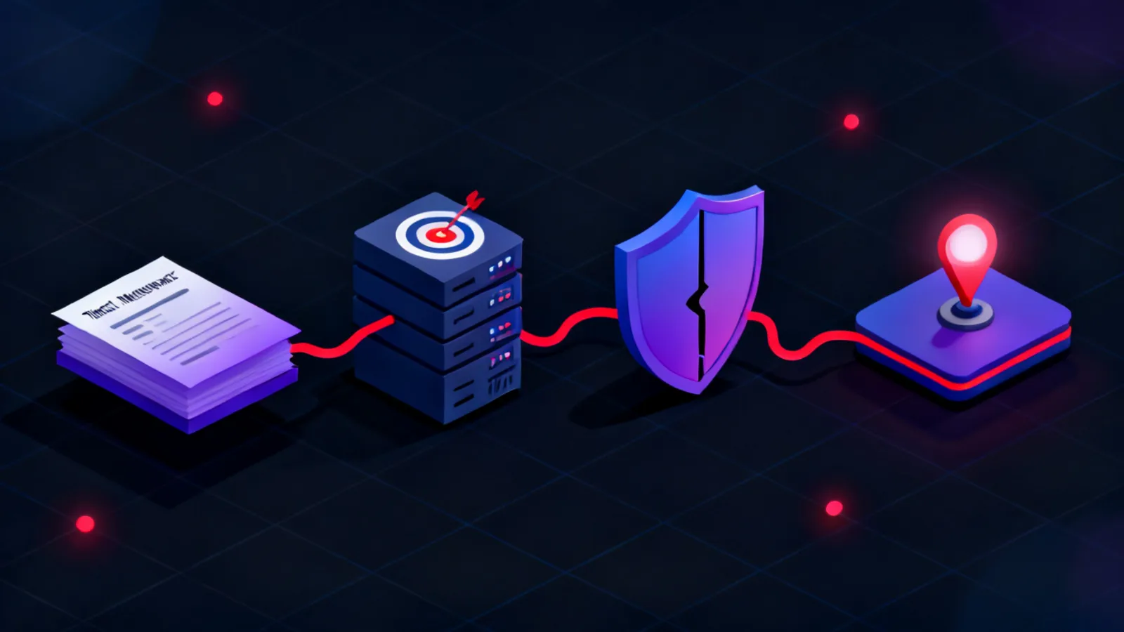 Isometric objects in a left-to-right row: a threat document, a target server, a detection shield with a visible gap, and a highlighted objective, connected by glowing red flow lines against a dark background.