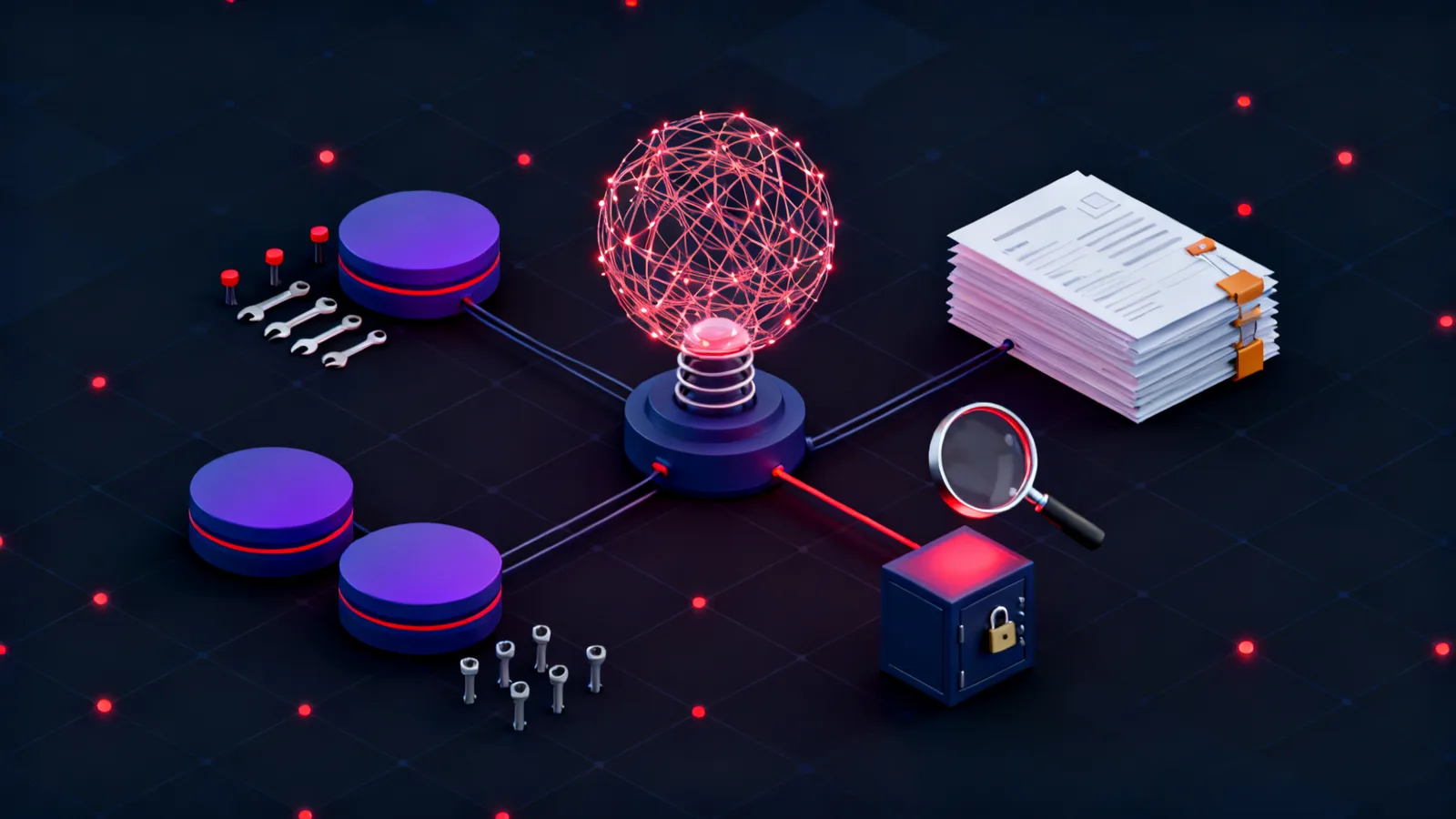 A glowing filament sphere wired to a row of tool sockets and a stack of indexed documents, one wire lit red where it meets a locked vault under a magnifying lens