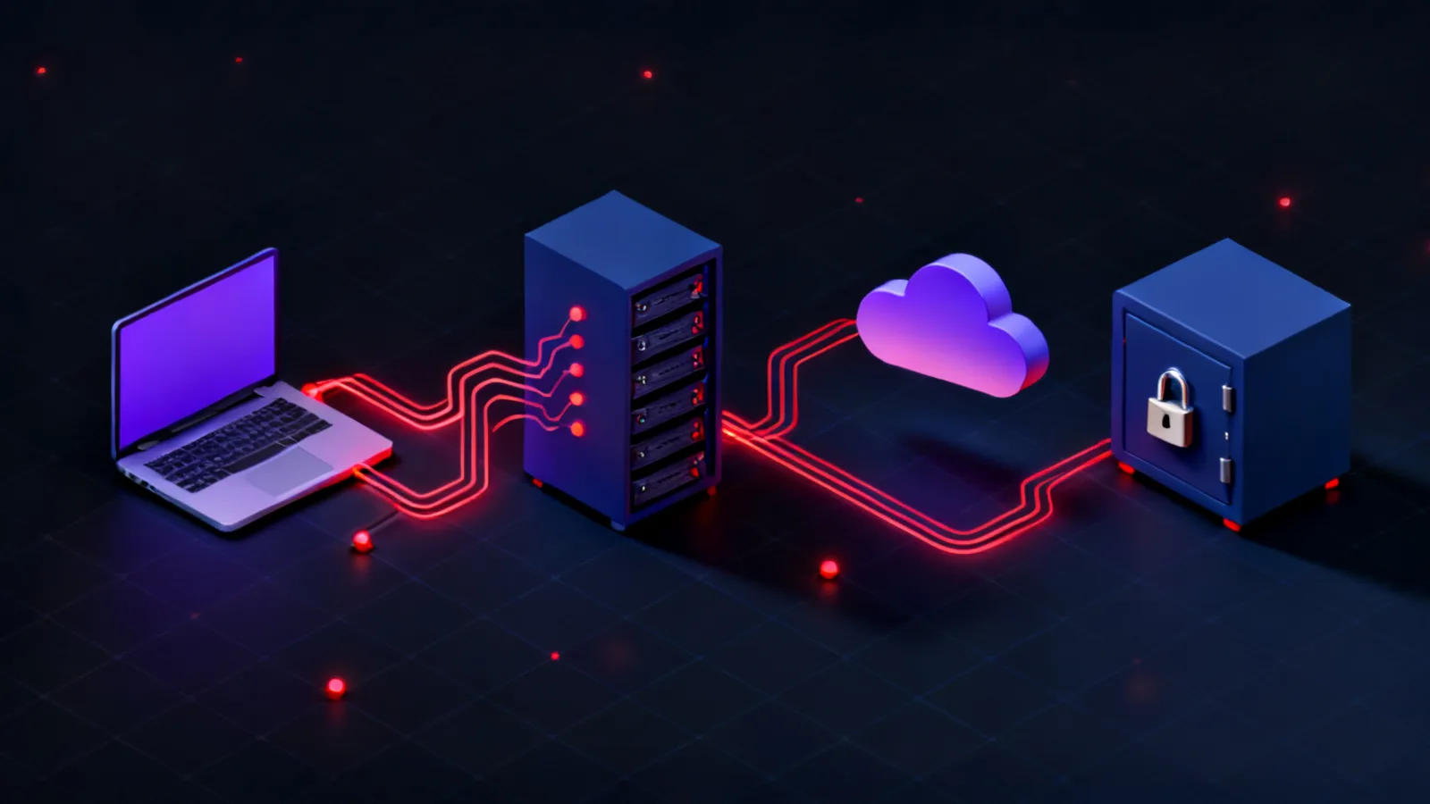 An isometric scene showing a laptop workstation at the left connected by glowing red flow lines through a server rack and a floating cloud node to a vault icon at the right