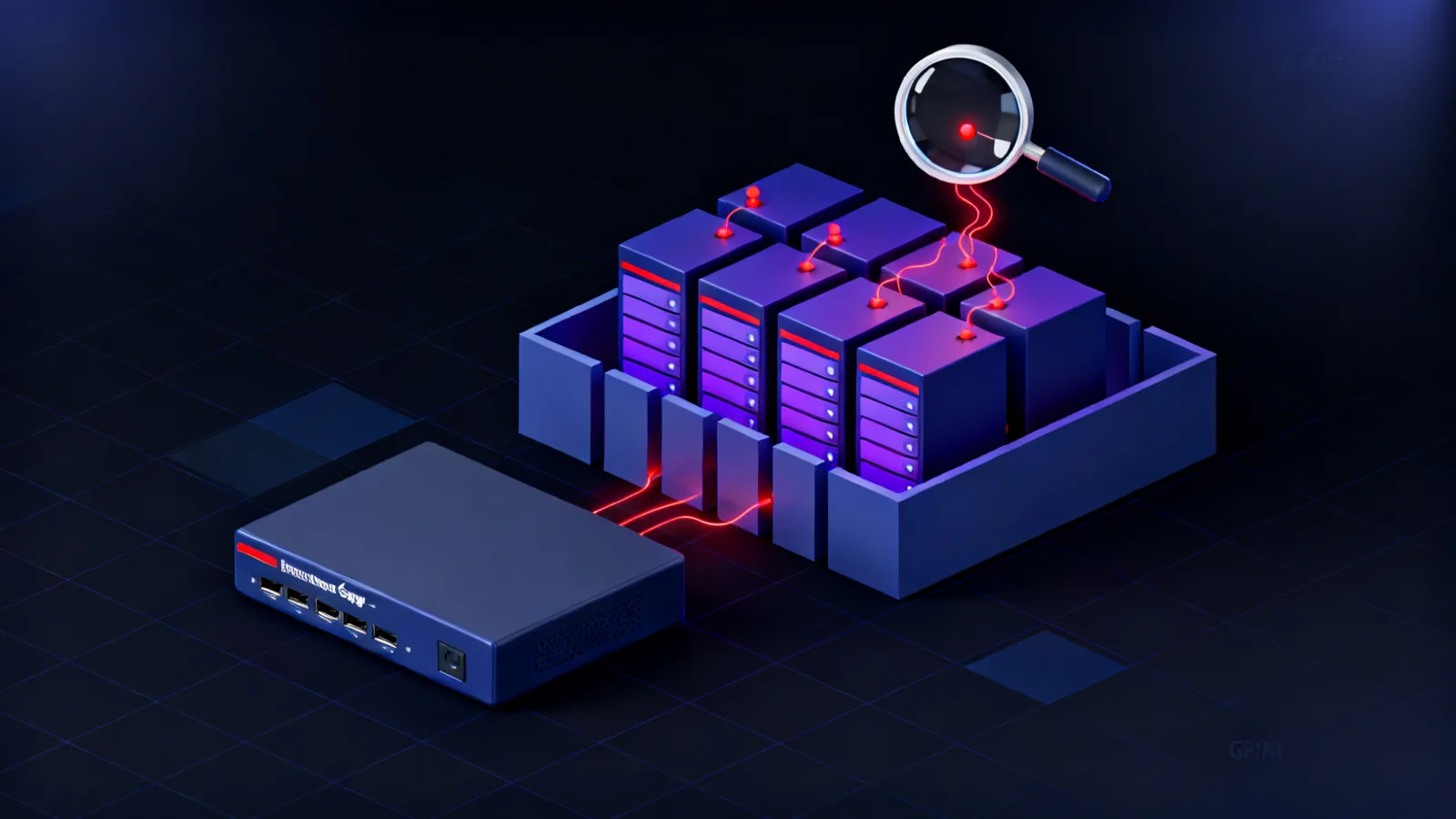 An isometric network in two zones: an external gateway facing the internet, and internal servers behind a segmentation wall, with a magnifying lens over a few internal hosts and red lines tracing a path between them.