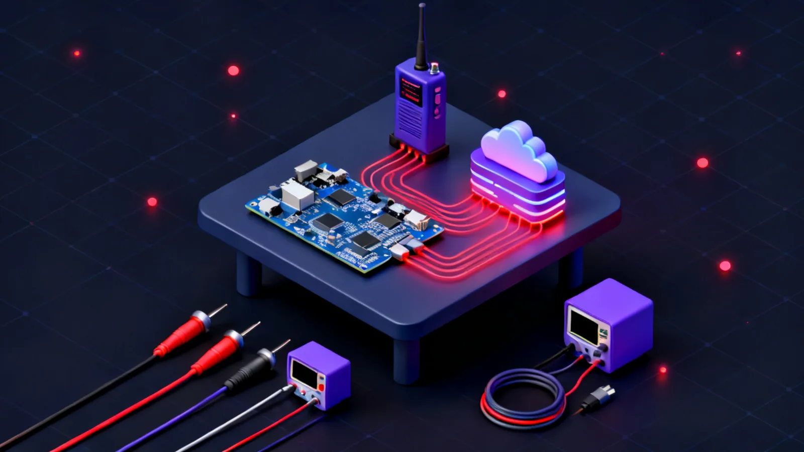 An isometric workbench holding a disassembled circuit board, a radio module and a cloud server cluster connected by glowing lines, with probes and cables laid out alongside them.