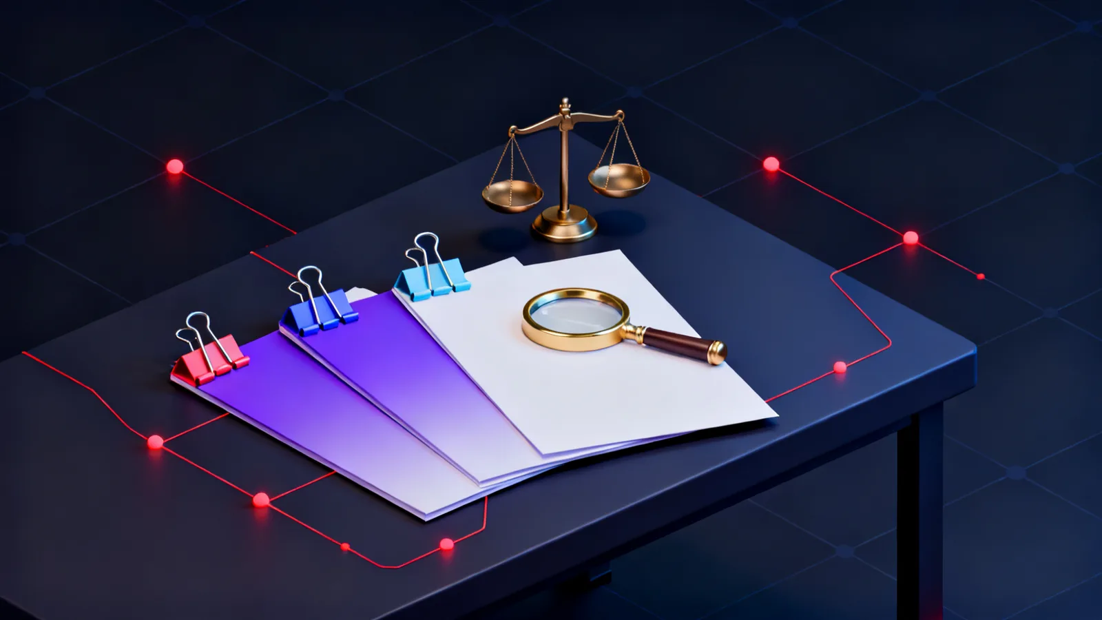 Three unmarked paper documents fanned across a dark desk, each held open by a differently coloured metal clip, with a brass magnifying glass lying across the middle one and a small balance scale behind them.