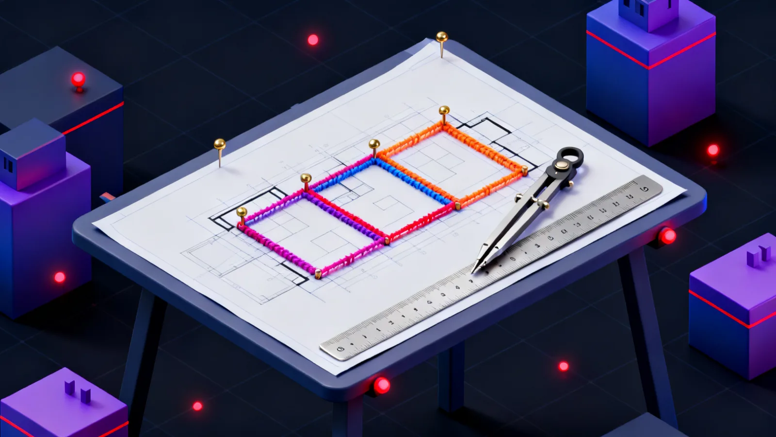 A drafting table with a building plan on it, three rooms outlined in bright thread and pinned with markers while the rest of the plan stays faint