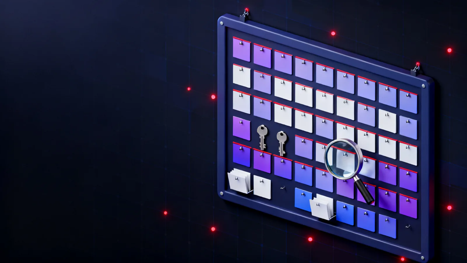 A grid of blank square cards pinned in rows and columns on a board, some cells left open and others closed with a small latch, two keys of different sizes lying across separate rows.