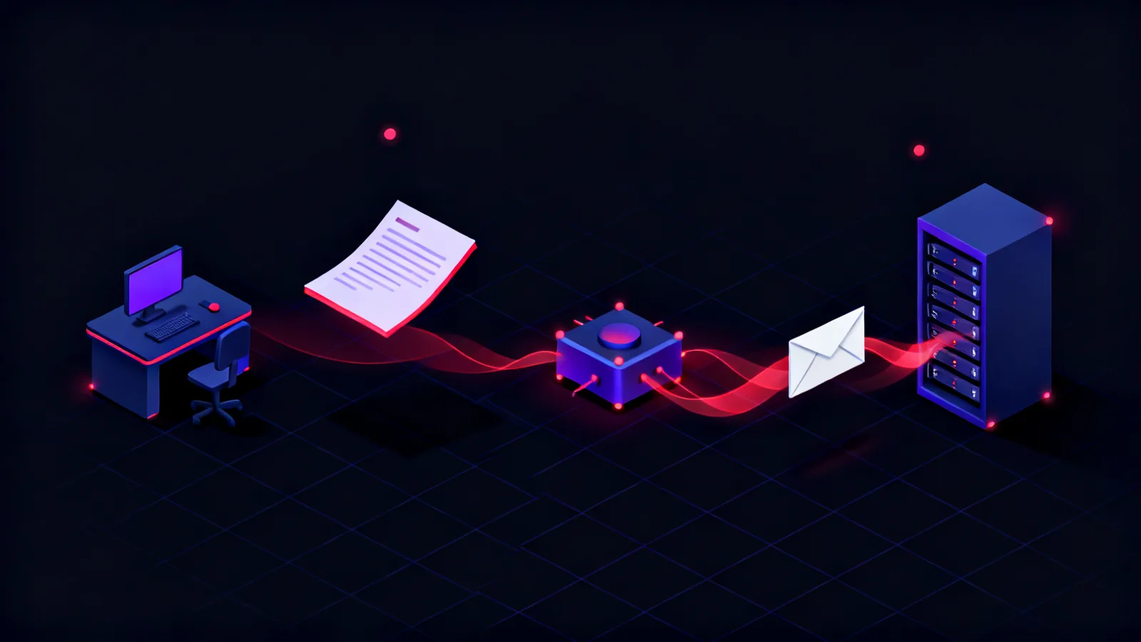 Isometric row: a planted document with a faint red glow flowing into an AI processing node, then a glowing red arrow from the node toward an outbound server