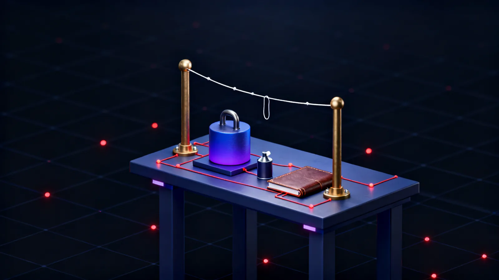A workbench holding a tripwire strung between two brass posts, one post shifted so the wire sags, beside a calibration weight, a small oil can and a closed ledger.