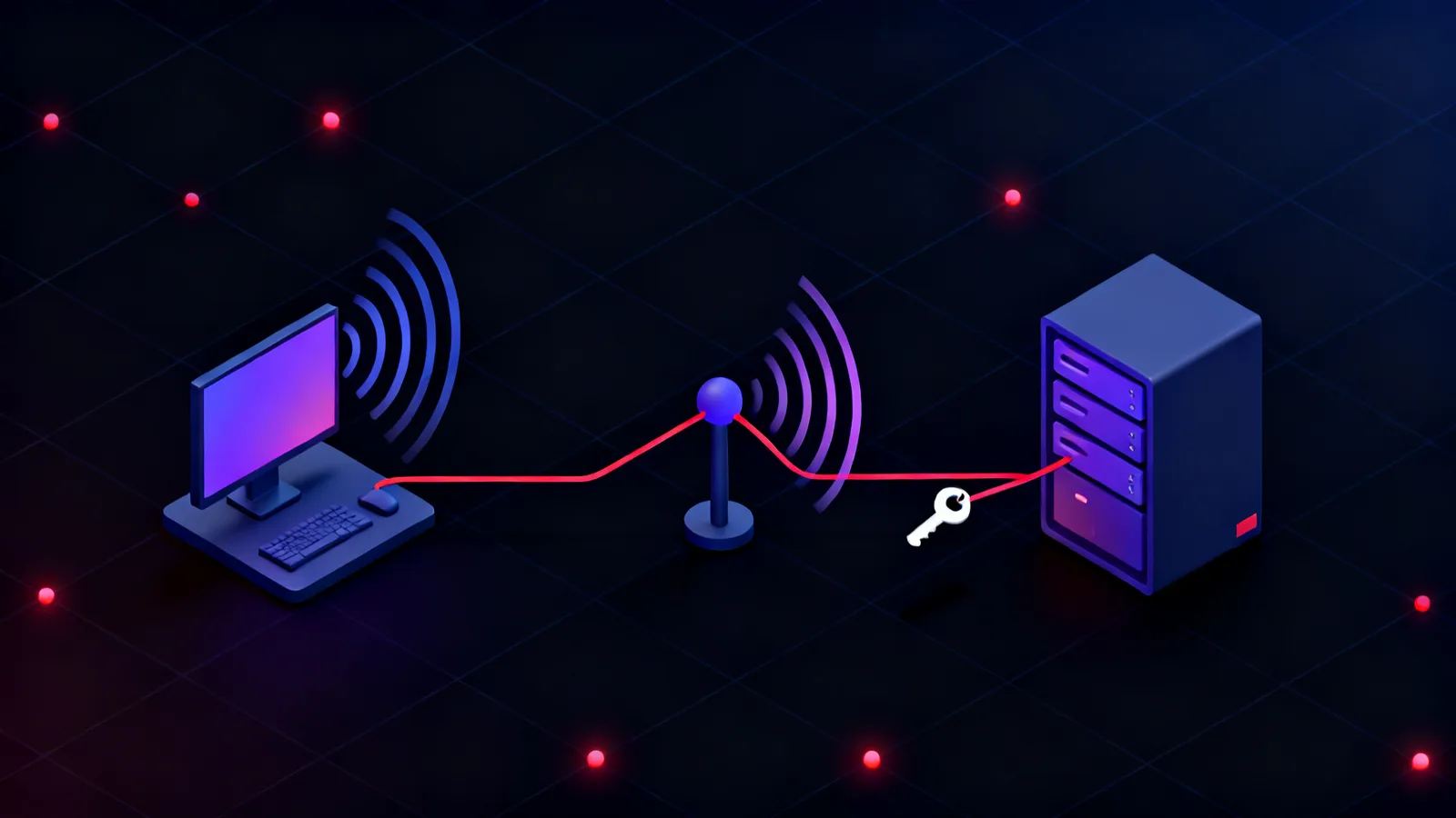 A left-to-right row of isometric objects on a dark field: a workstation sending a broadcast pulse, a red attacker node catching it, and a file server, joined by glowing red flow lines.