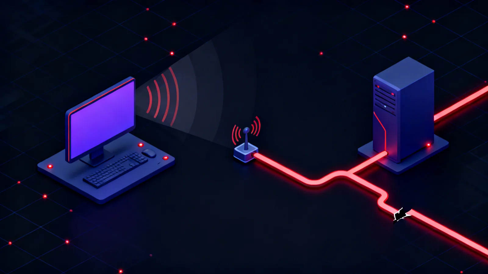 A row of isometric machines joined by glowing red lines: a workstation sends a login toward an intercepting node, which forwards it on to a server, with one link along the path drawn as broken.