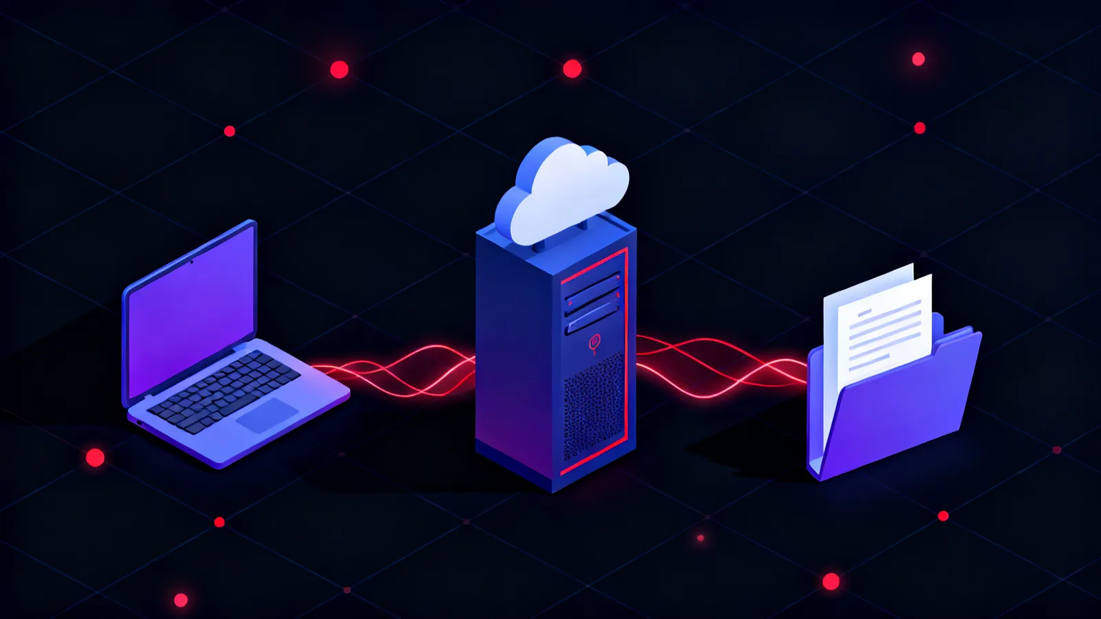 A left-to-right row of isometric objects: a laptop workstation, a cloud authentication server and an open document folder, connected by glowing red flow lines tracing a token being transferred from the server back to