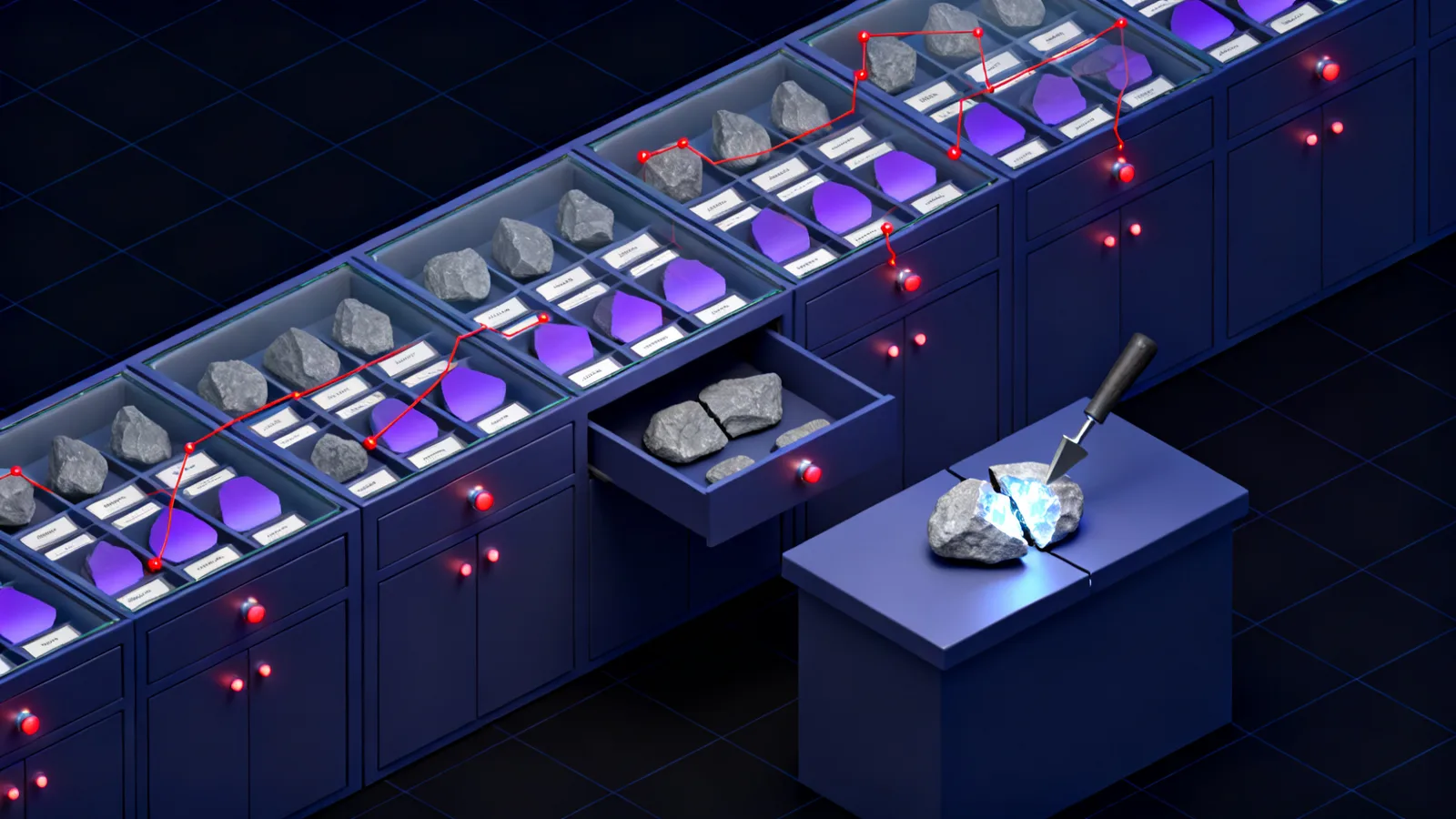 A cabinet of sealed specimen trays holding rows of identical labelled stones, next to an open workbench where one stone has been split with a chisel to show its interior