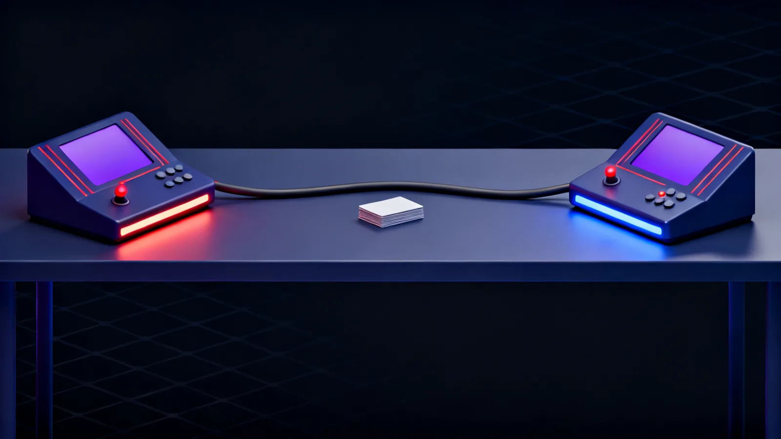 Two identical control consoles facing each other on one long desk, joined by a single thick cable, one lit warm red and the other cool blue, with a stack of blank cards between them.