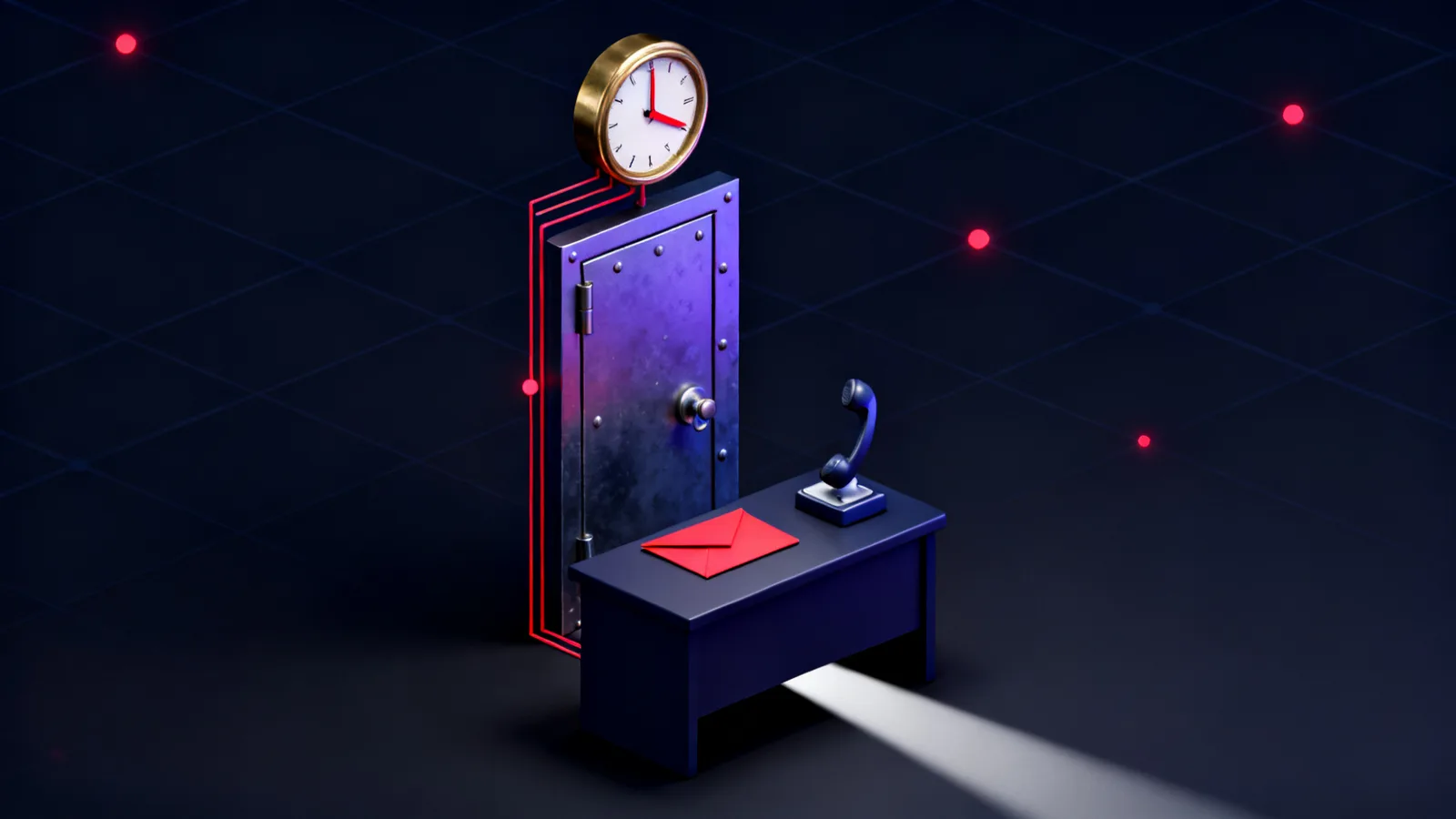 A brass clock with a red second hand mounted above a heavy steel door, and beneath it a dark desk holding a sealed red envelope and a telephone handset lifted off its cradle.