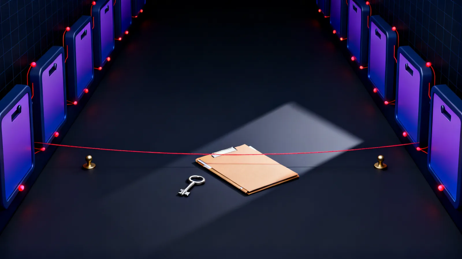 A dark corridor floor crossed by a single taut red thread at ankle height, anchored to two small brass pegs, with a steel key and a sealed folder lying just beyond it under a narrow beam of light.