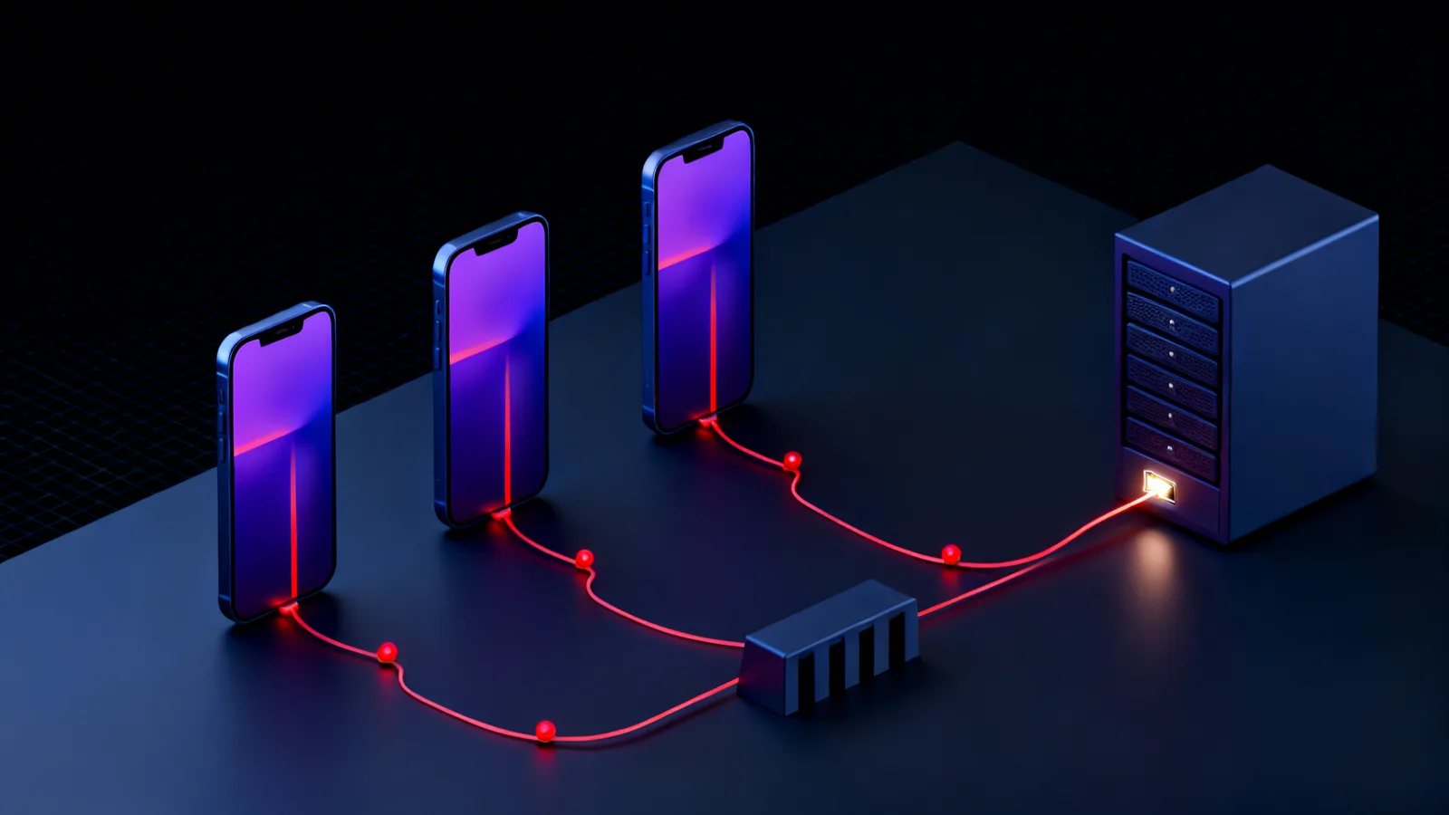 A dark isometric scene of three smartphones at different heights, each running a thin red line to one server block; two lines end at a red barrier before the server and one passes through to a lit port.