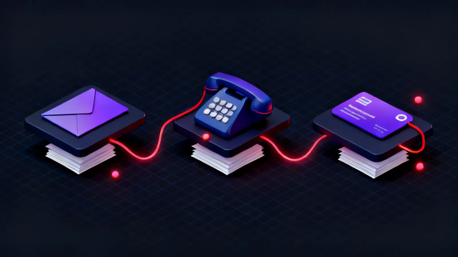 A dark desk surface with a sealed envelope, a telephone handset and a security access card arranged left to right, connected by glowing red flow lines, with a stack of pages beneath each object.