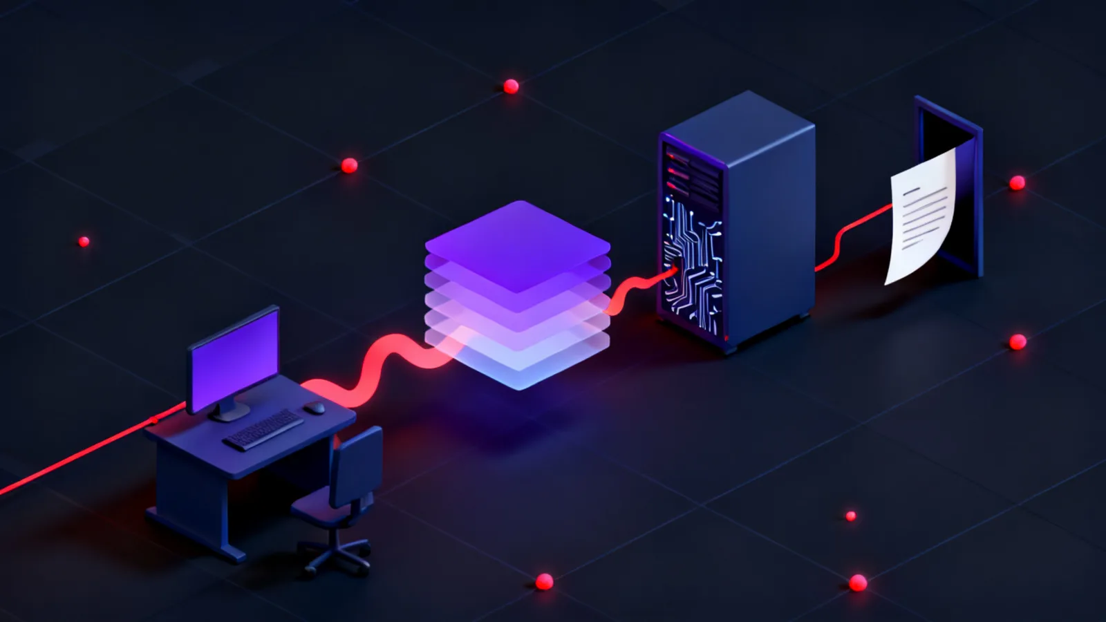 A row of isometric objects from left to right: a workstation connected by a glowing red flow line to a layered encrypted data block, then to a server with circuit-board texture lines
