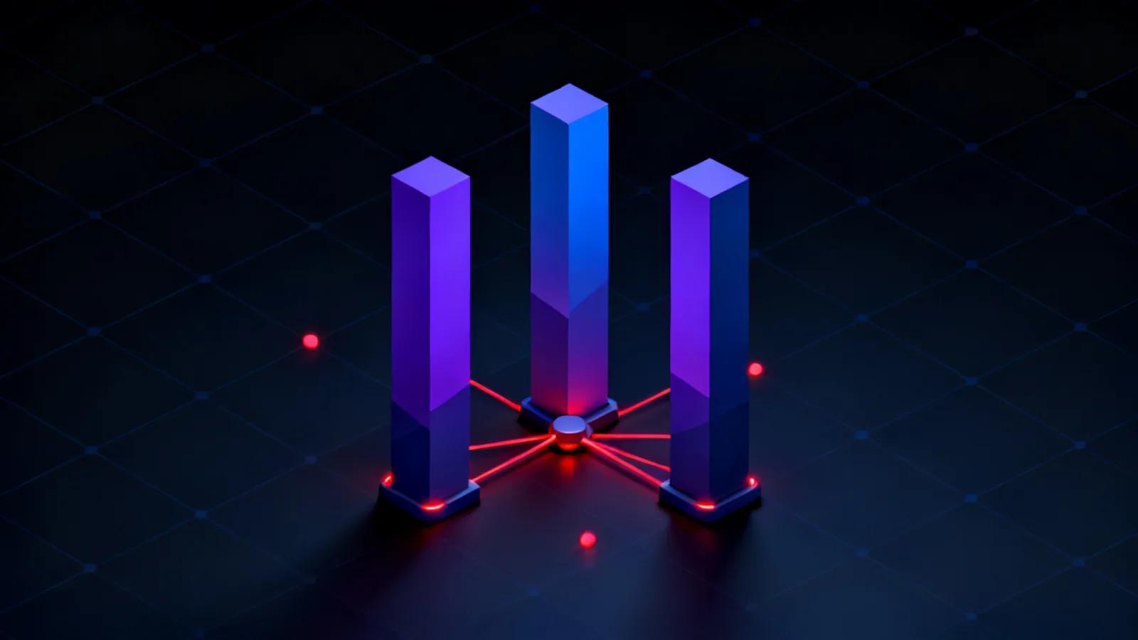 Four tall geometric pillars in distinct colours arranged in a row, connected at the base by a network of glowing lines converging at a central node, set against a pale gradient background.