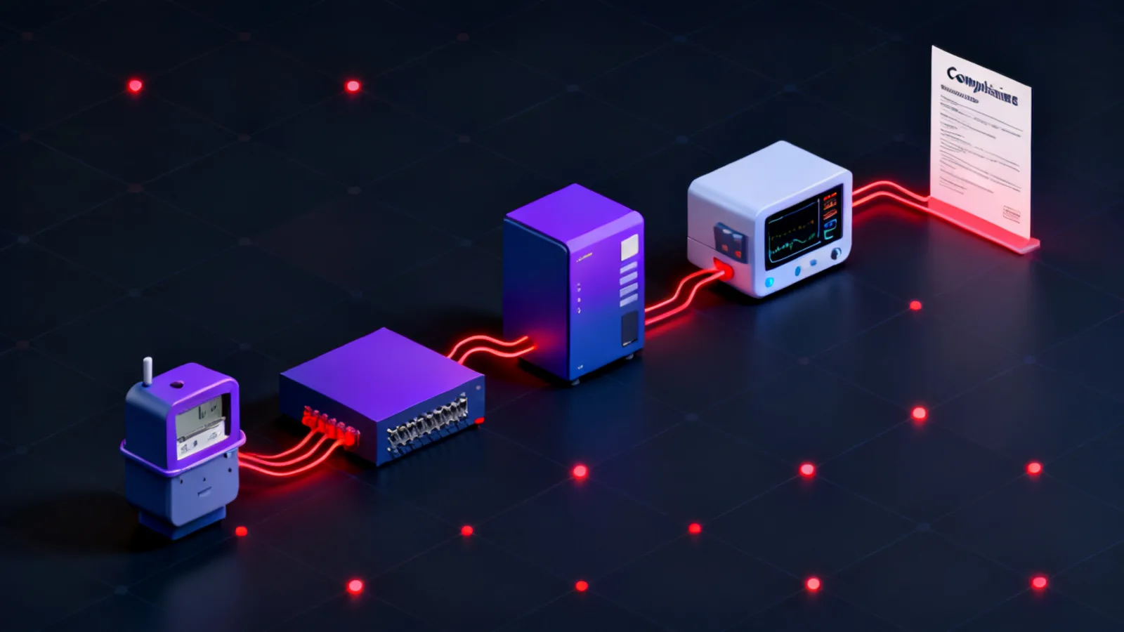 A row of isometric connected devices including a smart meter, a network gateway and a medical monitoring unit, joined by glowing lines leading to a central compliance document, on a dark grid background.