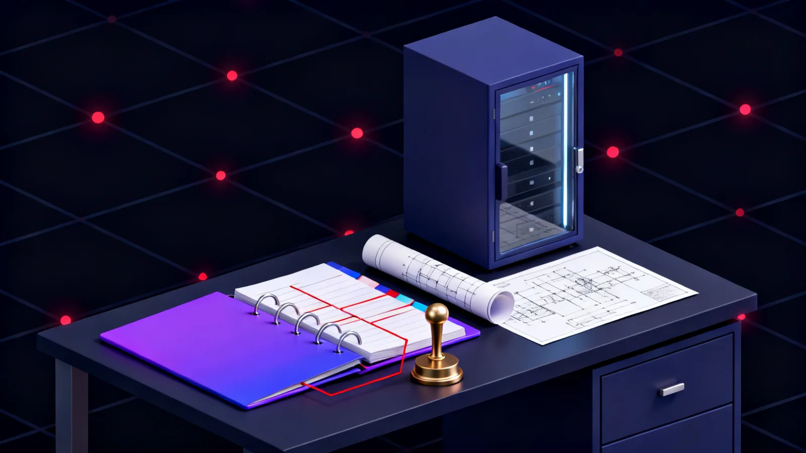A ring binder open on a dark desk with tabbed dividers, a brass inspection stamp resting beside it, a half-unrolled technical drawing and a glass-fronted server cabinet behind.
