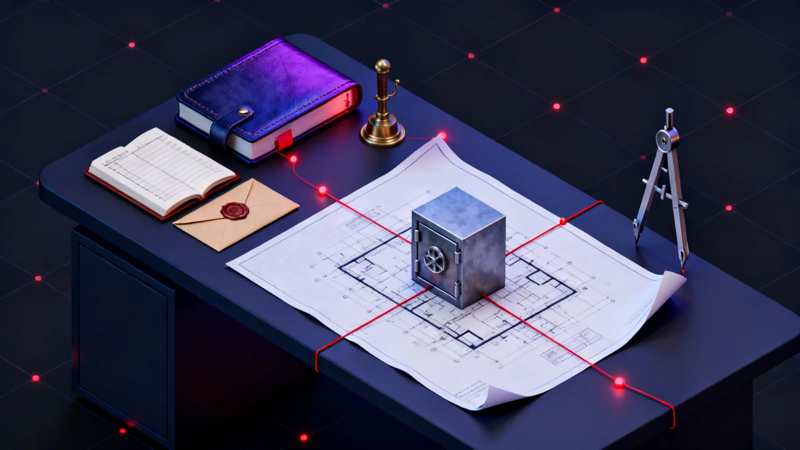 A leather-bound ledger open on a dark desk beside a wax-sealed envelope and a brass drafting compass, with a red thread pinned across a folded floor plan leading to a small steel vault at its centre.