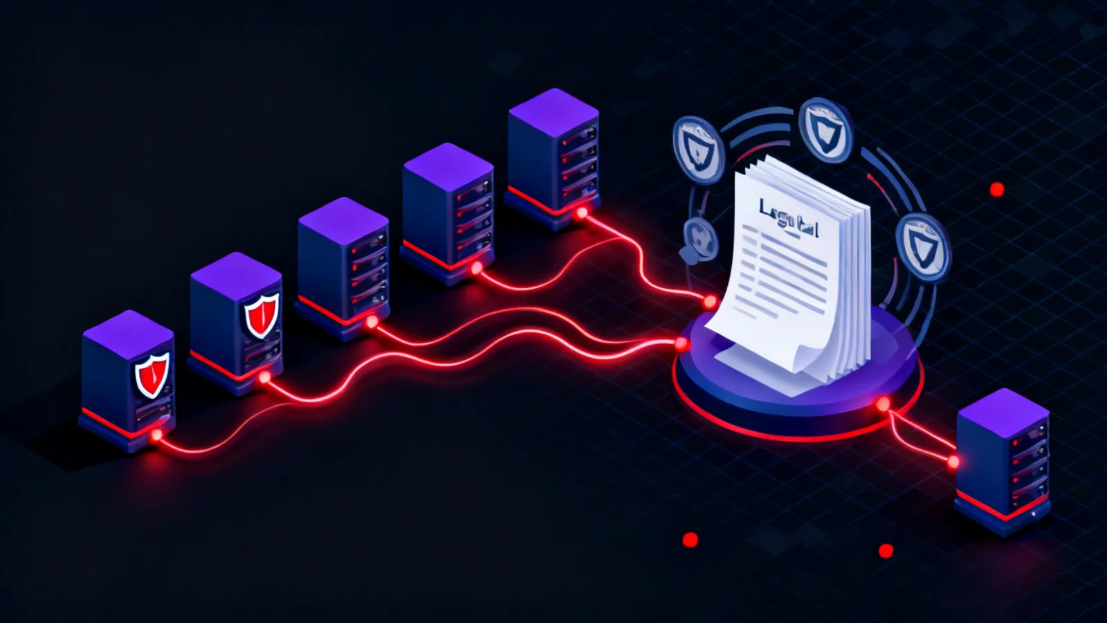 A row of isometric server towers and shield icons connected by glowing red flow lines, converging toward a central regulatory document stack surrounded by abstract emblems representing four UAE regulatory bodies.