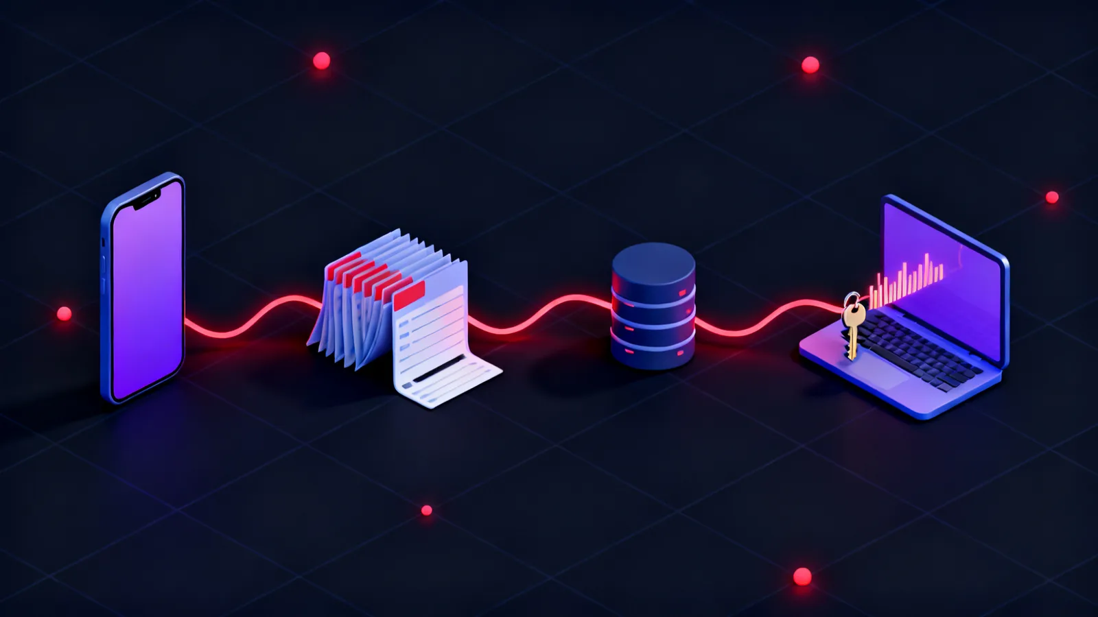 A row of isometric objects on a dark background: a smartphone with file cards and a small database drum spilling out of it, joined by glowing red lines to a laptop holding a key, showing data moving off the phone.