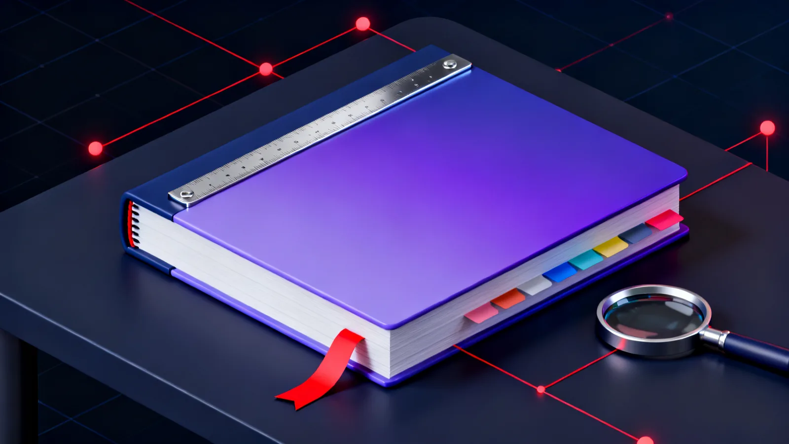 A thick bound document lying open on a dark desk, its pages held flat by a steel rule, coloured index tabs along the outer edge and a magnifying glass resting at the corner of the lower page.