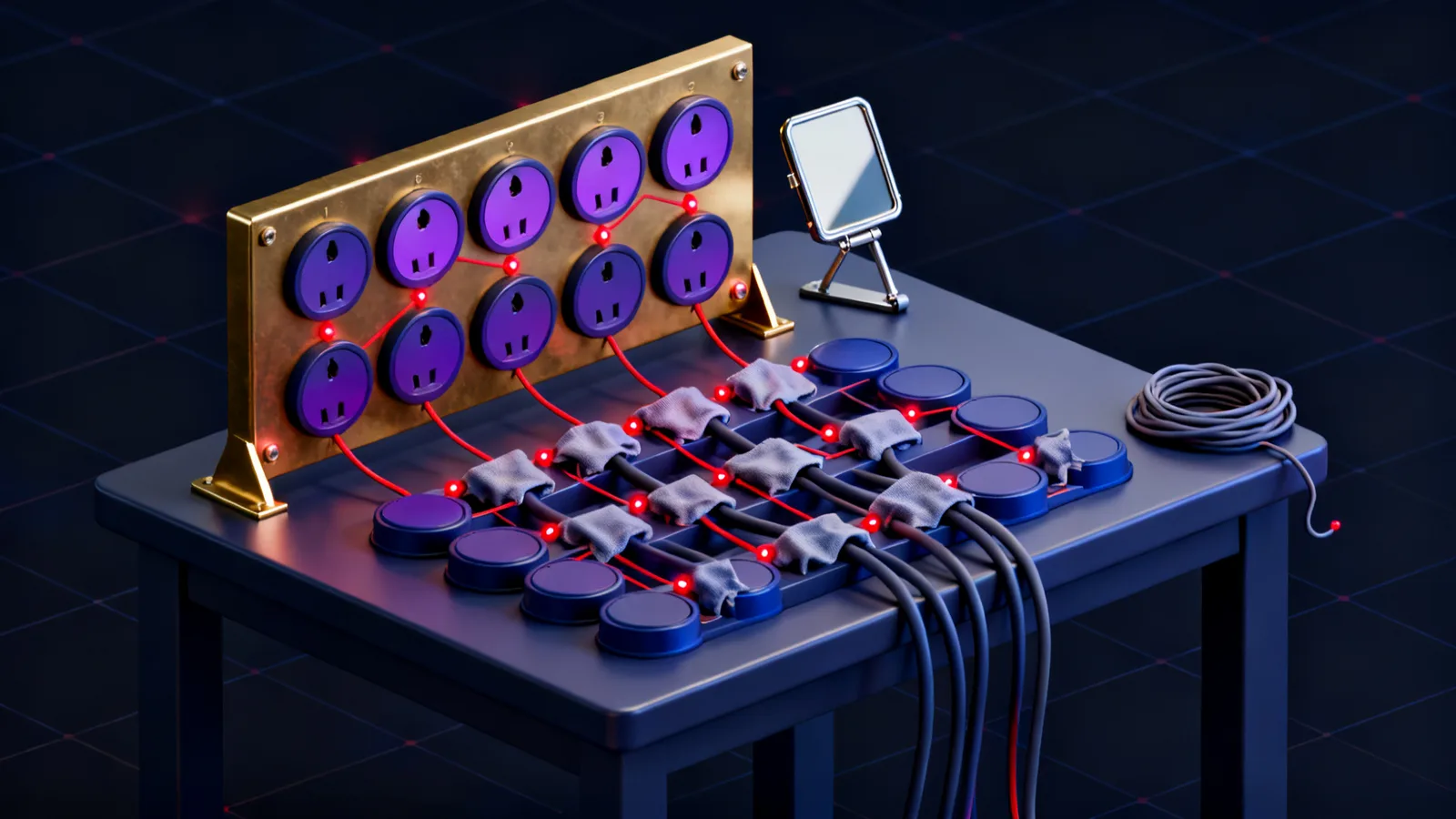 A brass patch panel on a workbench, rows of identical sockets with cloth-covered cords crossing from one row into another row's sockets, a hinged inspection mirror propped beside it and a coil of spare cord.