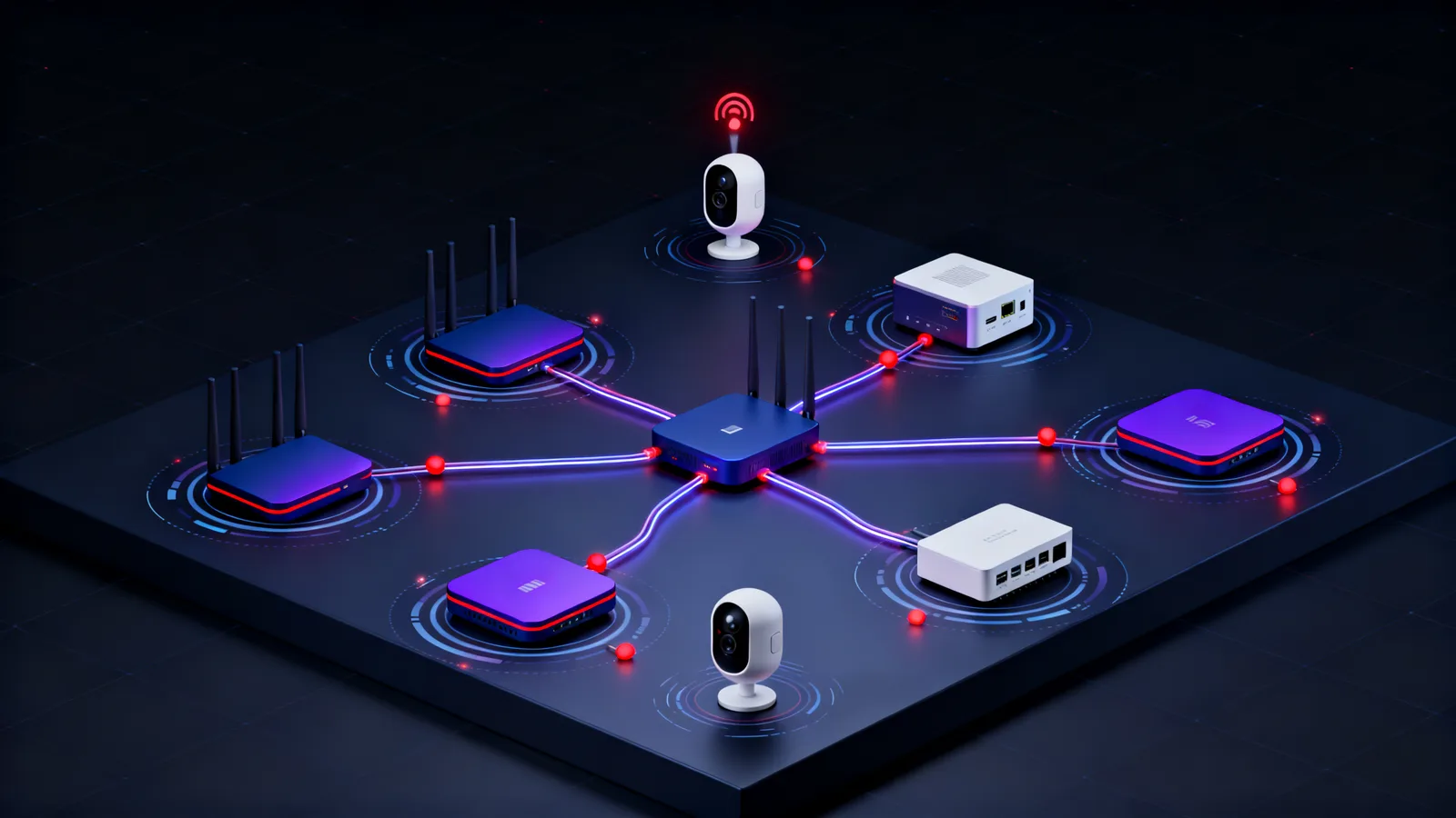 An isometric cluster of connected IoT devices, routers and embedded sensors linked by glowing data-flow paths, with concentric monitoring rings orbiting each device and alert indicators rising from a central gateway