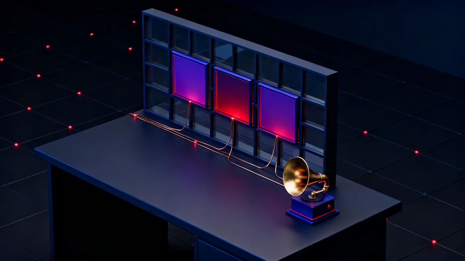 A dark desk holding a grid of small glass panes, most of them dim and three glowing red from behind, with thin copper wires running from the lit panes to a brass listening horn at the front edge.